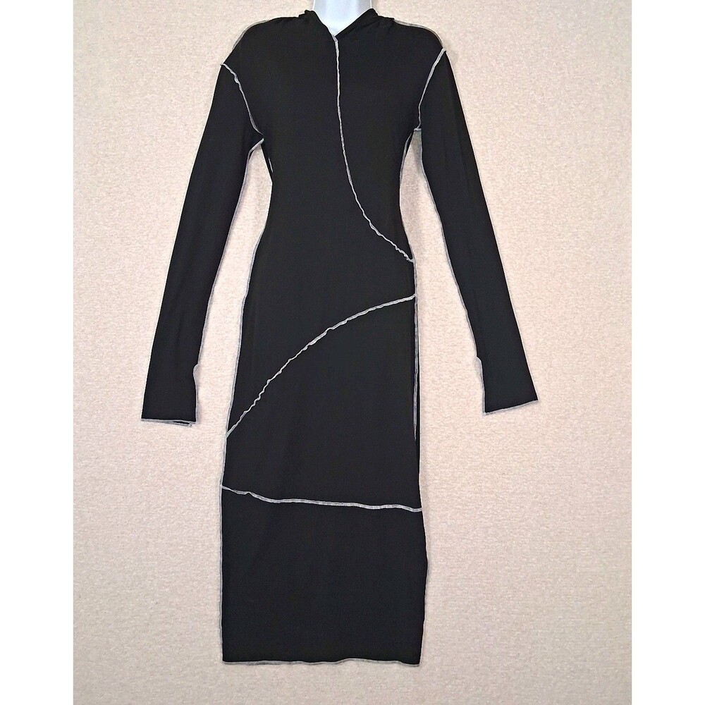 Black Hoodie Stitch Maxi Dress Sz M/L  Bodycon Whimsigoth Casual 90s Goth Edgy